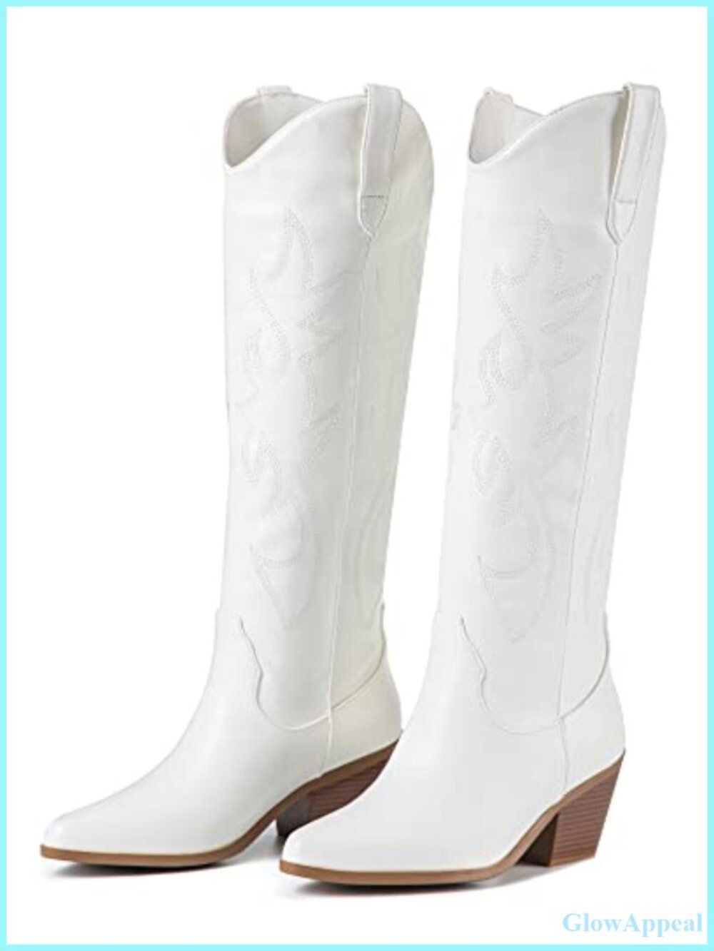 Faux Leather Knee High Cowboy Boots Women Western Pull On Chunky Heel